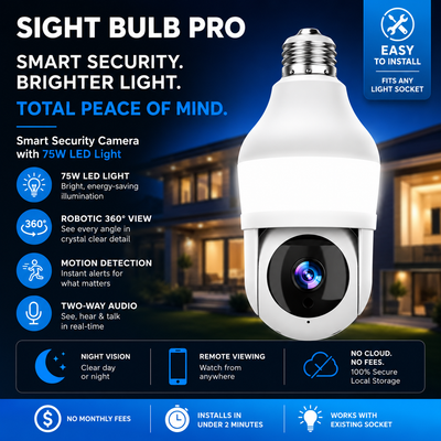 Sight Bulb Pro smart security camera shown as a white bulb-shaped camera mounted on a pole, with promotional text and feature icons on a dark blue background.
