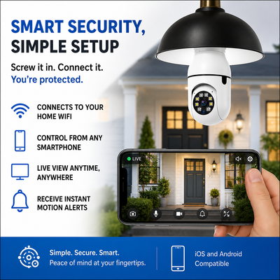 A smart outdoor security camera shown hanging under a black dome light, with a hand holding a smartphone displaying a live feed of the front porch. Text on the image highlights smart security, simple setup, home WiFi connection, smartphone control, live viewing, and motion alert notifications.