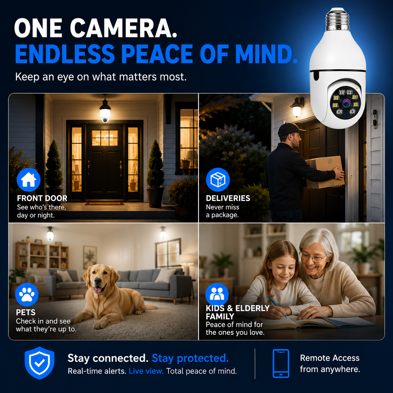 Promotional graphic for a smart home security camera. The top right shows a white dome security camera with a black faceplate.
